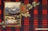 a 19th century clan Macduff oilette showing the tartan, badge and a painting of a local scene