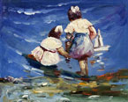 oil painting of girls with toy yacht