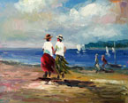 oil painting of a couple of elder ladies strolling by the sea