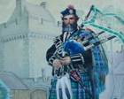 highland clansman dressed in clan tartans in front of his clan castle